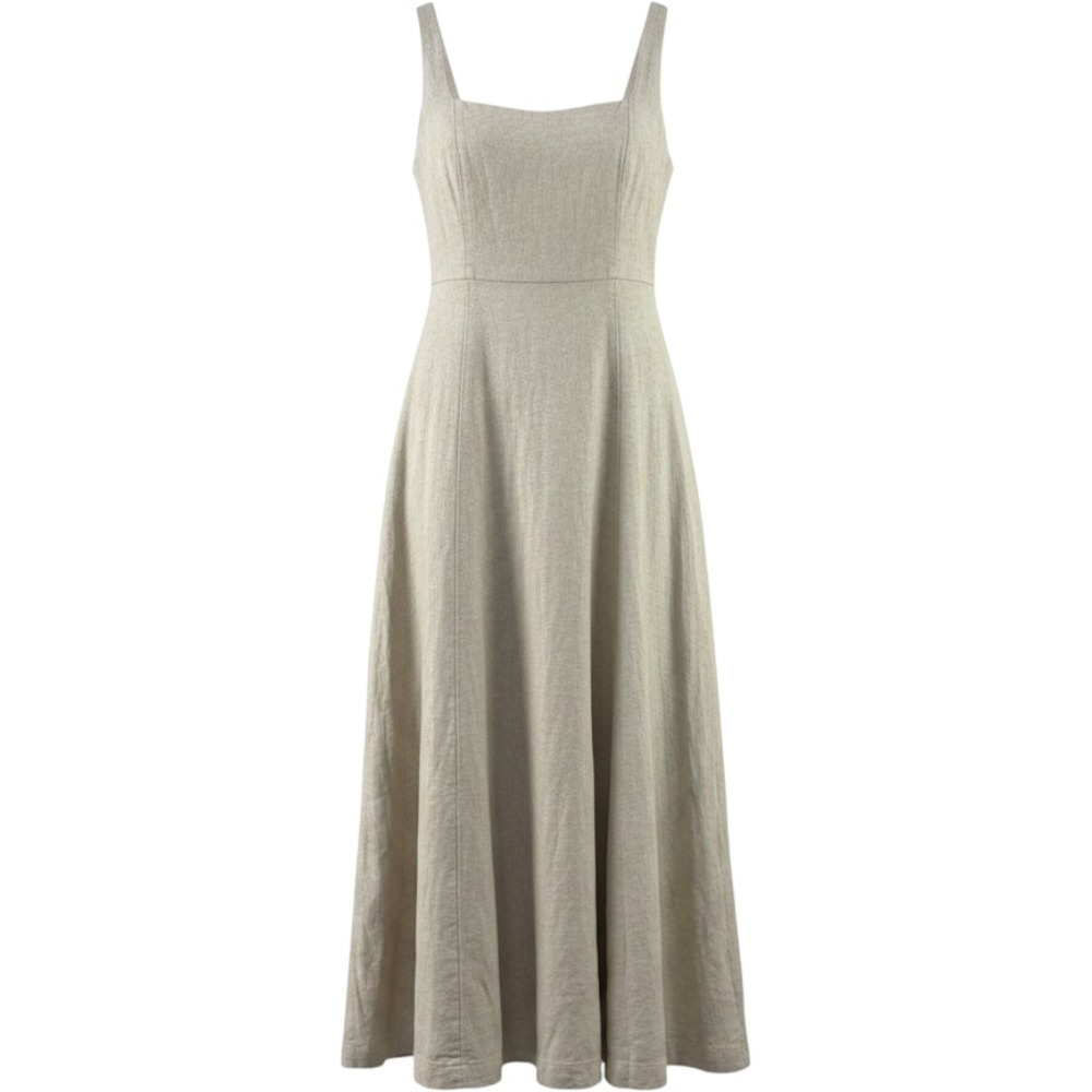 Old Navy Linen Fit & Flare Dress Womens M Beige Sleeveless Midi Smocked NWT